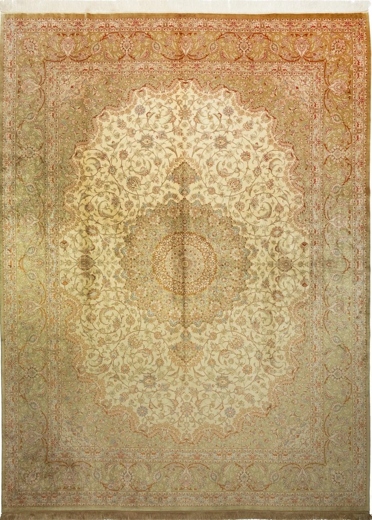 Ghom Tappeto 390x300 Beige (Iran) Annodato A Mano
