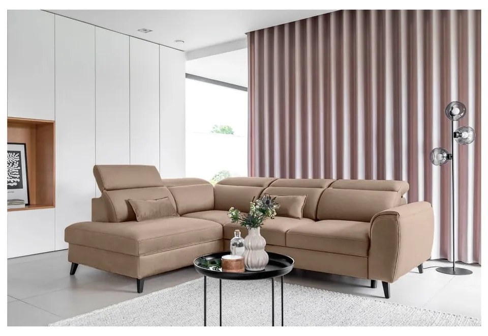 Divano angolare marrone chiaro allungabile/con contenitore (con penisola a sinistra/a L) e rivestimento in velluto Noble – ELTAP