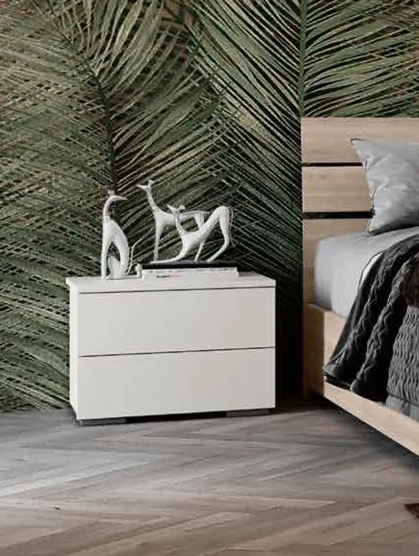 Coppia di Comodini moderni a 2 cassetti con apertura a presa laterale, finitura Bianco Nobilitato