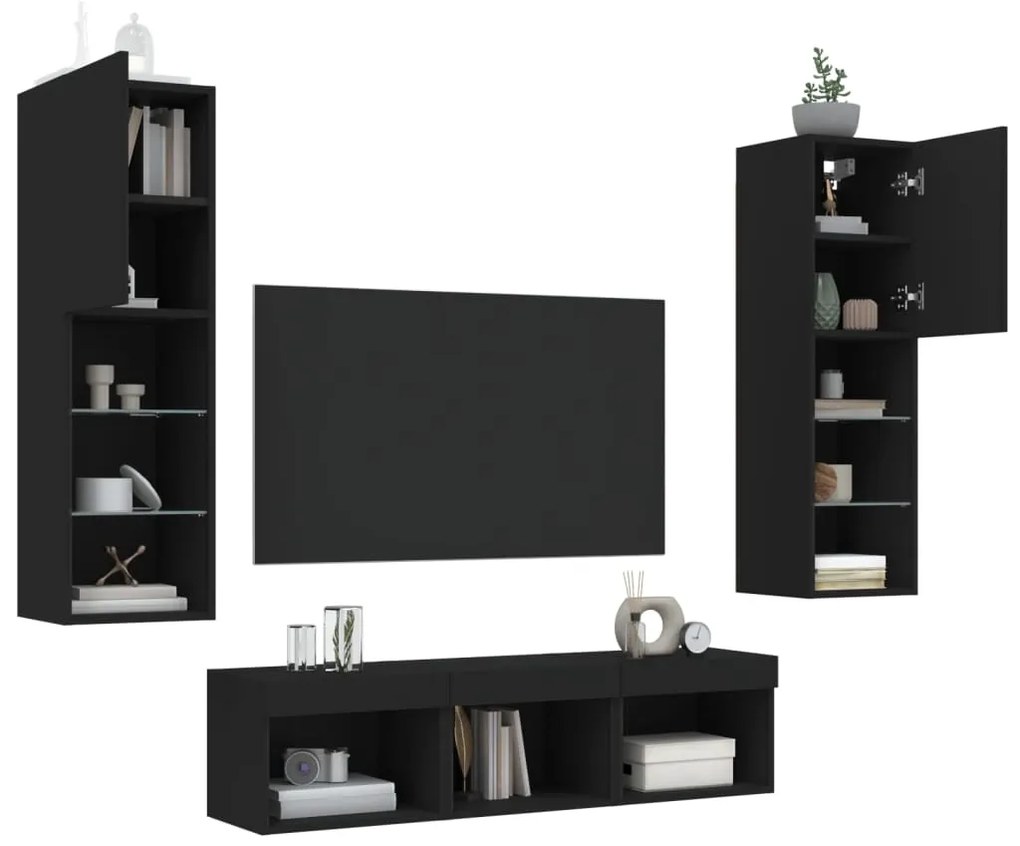 Mobili tv a muro con led 5pz neri in legno multistrato