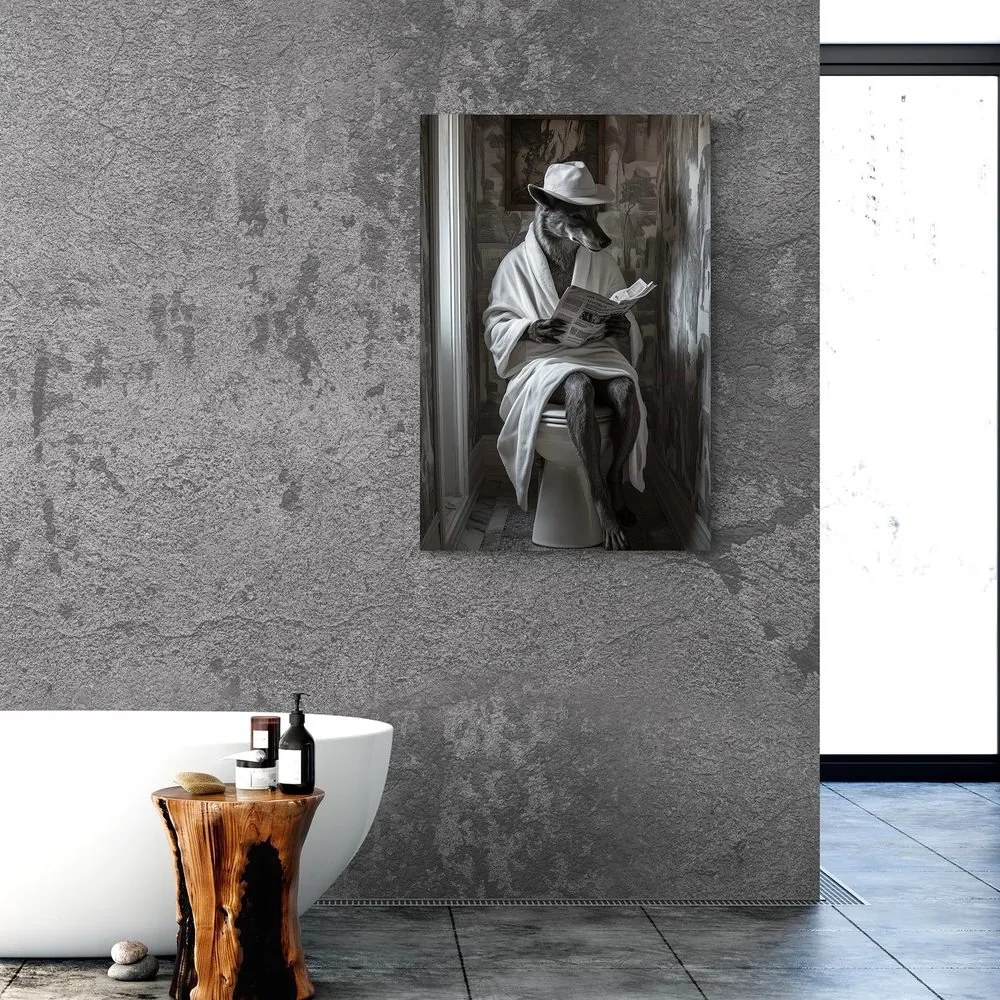 Quadro su tela – Lupo con giornale in bagno