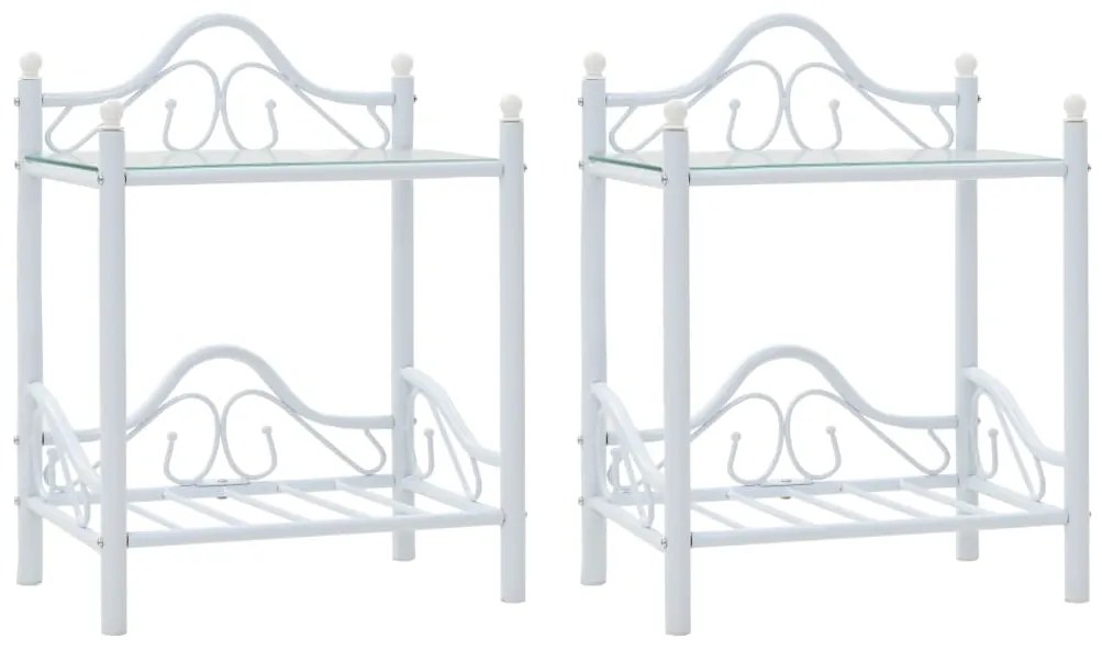 Comodini set 2 pz acciaio e vetro temperato 45x30,5x60cm bianco