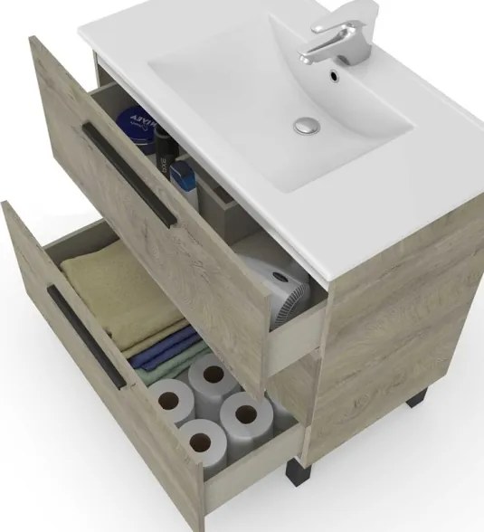 Mobile Bagno 80 Cm 3 Cassetti Con Lavabo E Specchio Athena Rovere Alaska