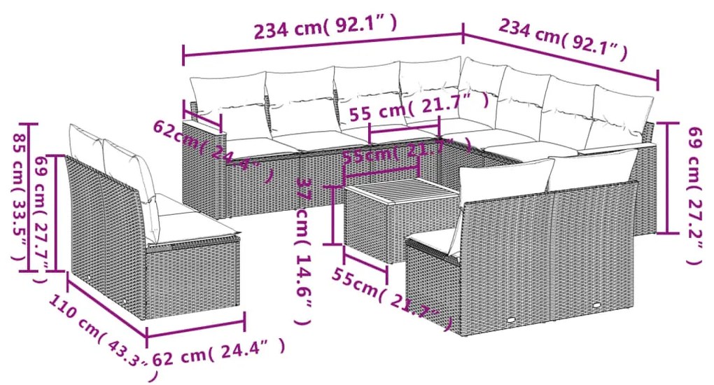 Set Divano da Giardino 12 pz con Cuscini Beige Misto Polyrattan