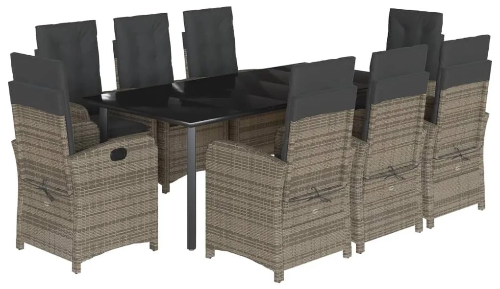 Set da pranzo da giardino 9 pz con cuscini in polyrattan grigio