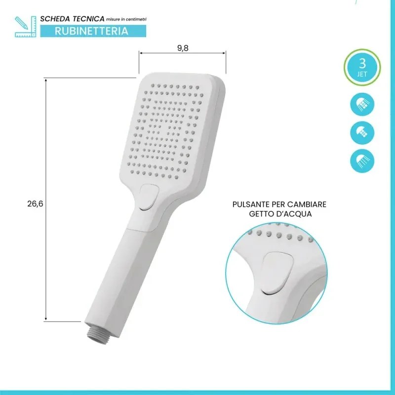 Doccetta quadrata 26,6 cm con tre tipi di getto bianco opaco in ABS Hidra