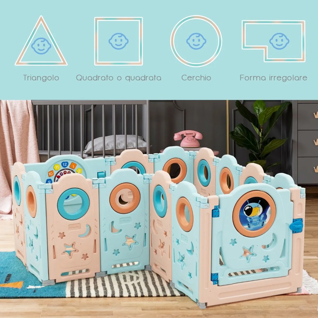 Costway Box multifunzionale con 14 pannelli e giocattoli educativi per bambini, Recinto portatile Azzurro e rosa