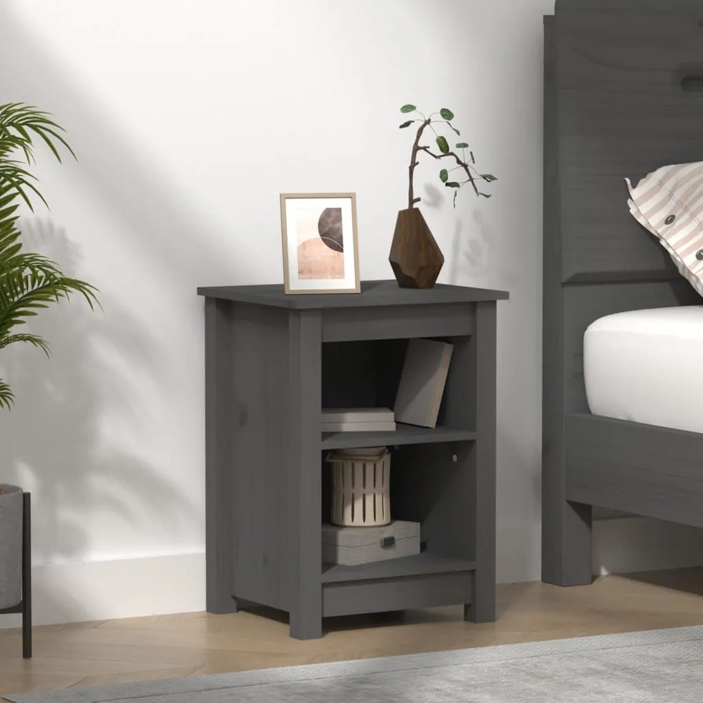 Comodino Grigio 40x35x55 Cm İn Legno Massello Di Pino /