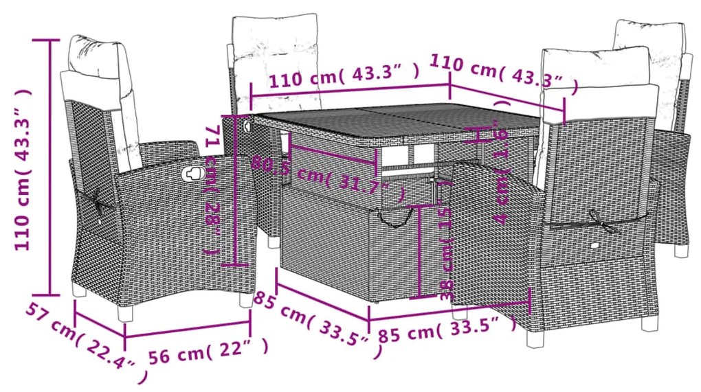 Set da Pranzo da Giardino 5 pz Nero con Cuscini in Polyrattan