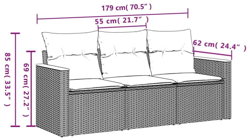 Set divani da giardino 3 pz con cuscini in polyrattan nero