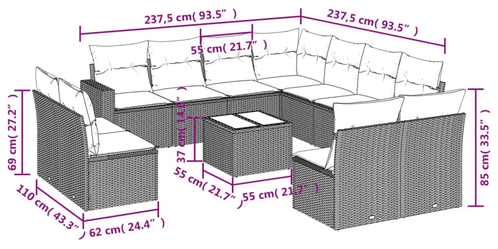 Set divano giardino 12 pz con cuscini grigio chiaro polyrattan