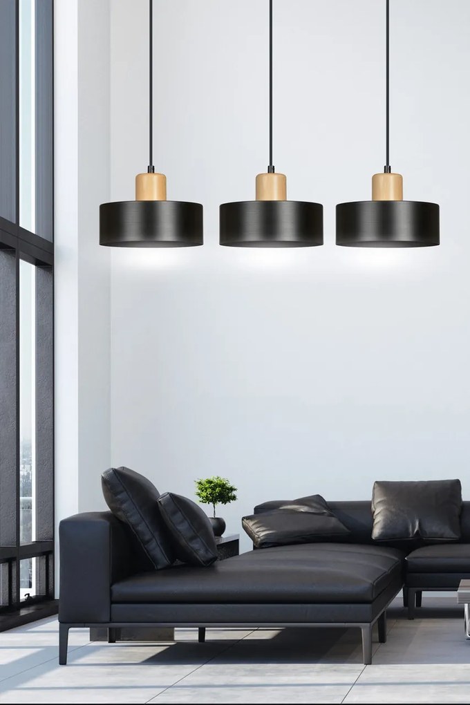 Lampadario a Sospensione in Acciaio e Legno TORIN 3 Nero 3xE27