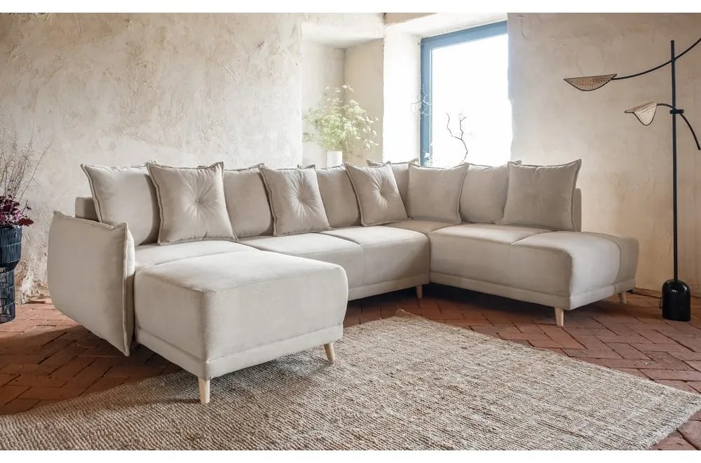 Divano letto angolare in velluto a coste beige (angolo destro a forma di U) Lazy Lukka - Miuform