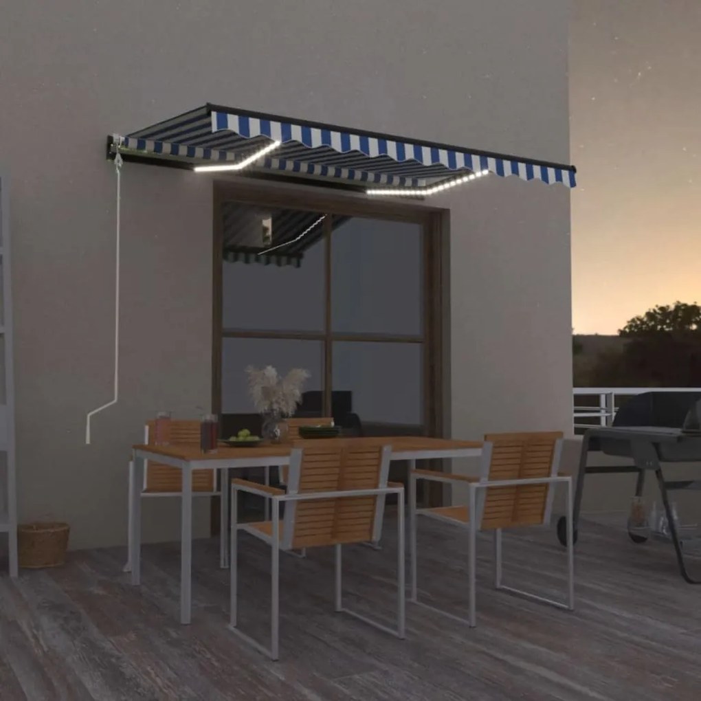 Tenda Automatica Con Sensore Vento E Led 400x300 Cm Blu Bianca /