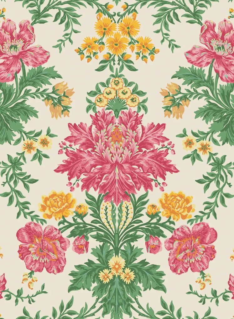 Cole & Son Carta da parati Poppies - Soft Fuchsia/ Buttercup and Fern on Cream