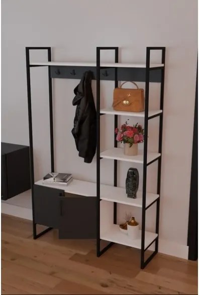 Mobile Ingresso Industrial 120x34x180 Con Scarpiera Appendiabiti E Ripiani Yago Antracite E Bianco