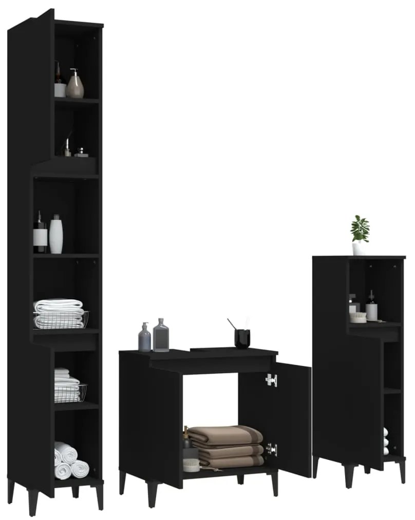 Set mobili da bagno 3 pz nero in legno multistrato