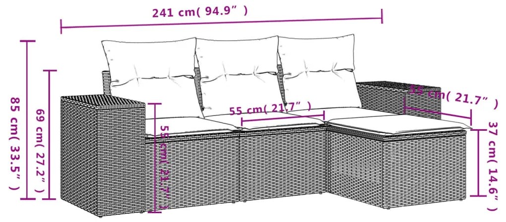 Set Divano da Giardino 4 pz con Cuscini Beige in Polyrattan