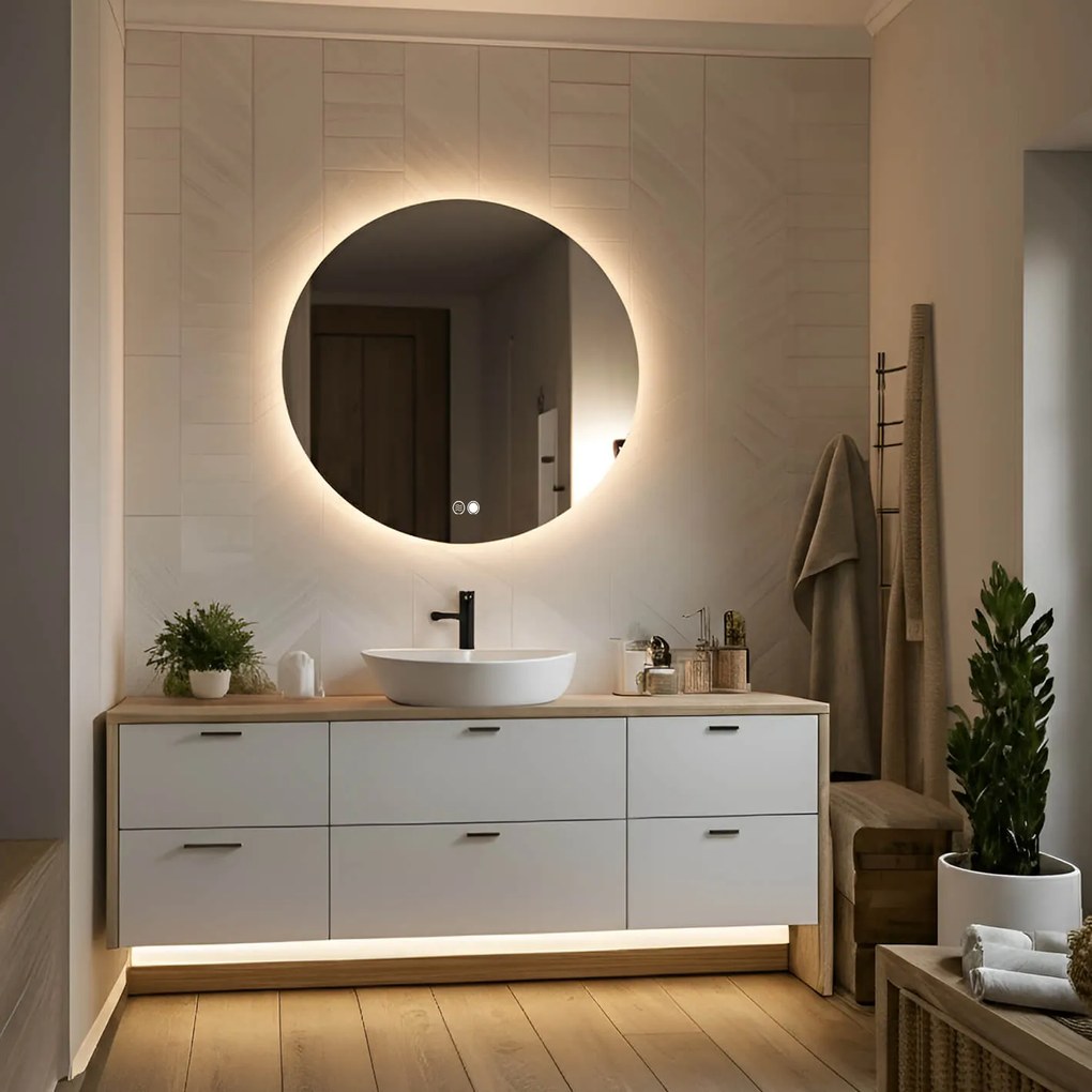 Specchio rotondo con illuminazione 60 cm, doppio colore, interruttore touch, tappetino riscaldante