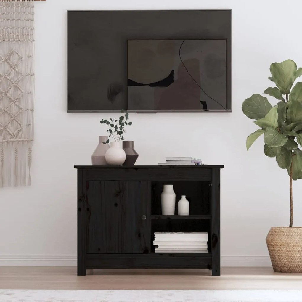 Mobile Porta Tv Nero 70x36,5x52 Cm İn Legno Massello Di Pino /