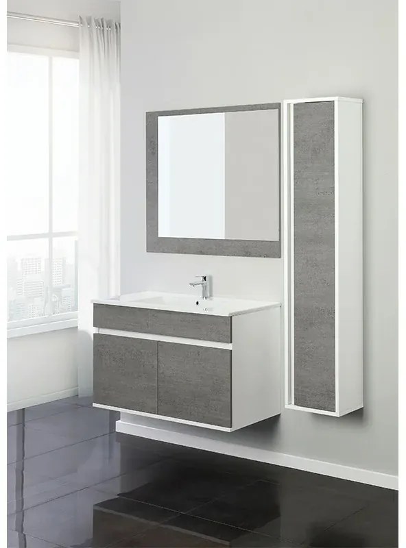 Composizione Bagno Sospesa 90 cm in Legno con 2 Ante Colore Cemento