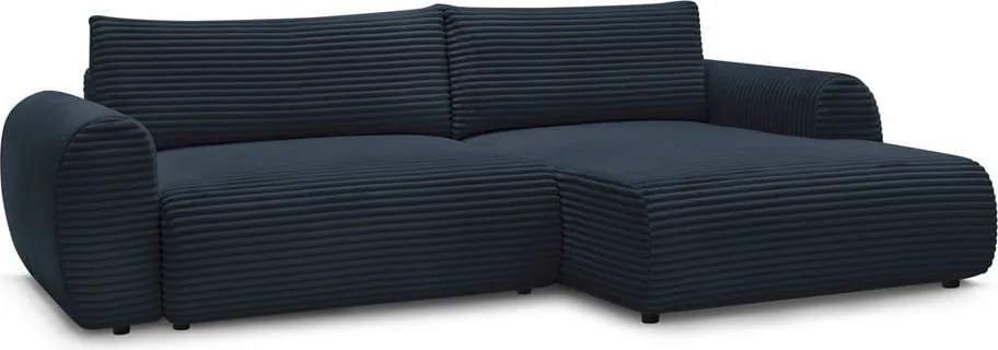 Divano angolare in blu scuro allungabile (con penisola a destra) con rivestimento in velluto a coste Lucien – Bobochic Paris