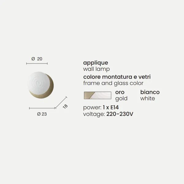 Applique TONDO D23 cm in vetro soffiato e metallo verniciato Oro