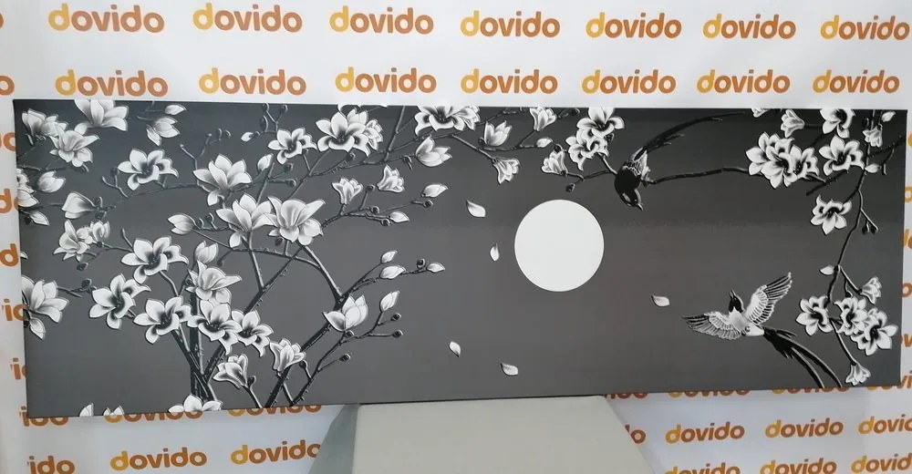 Stampa su tela – Uccellini in bianco e nero sul ramo dell'albero
