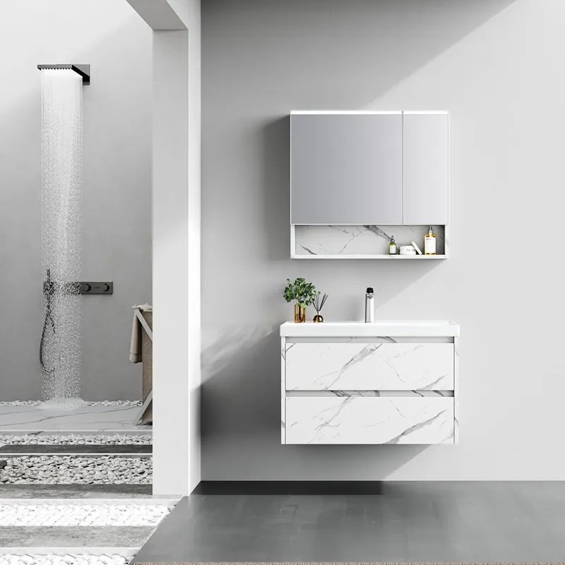 Kamalu - Mobile bagno sospeso 80 cm finitura marmo e specchio contenitore | KAM-VV80