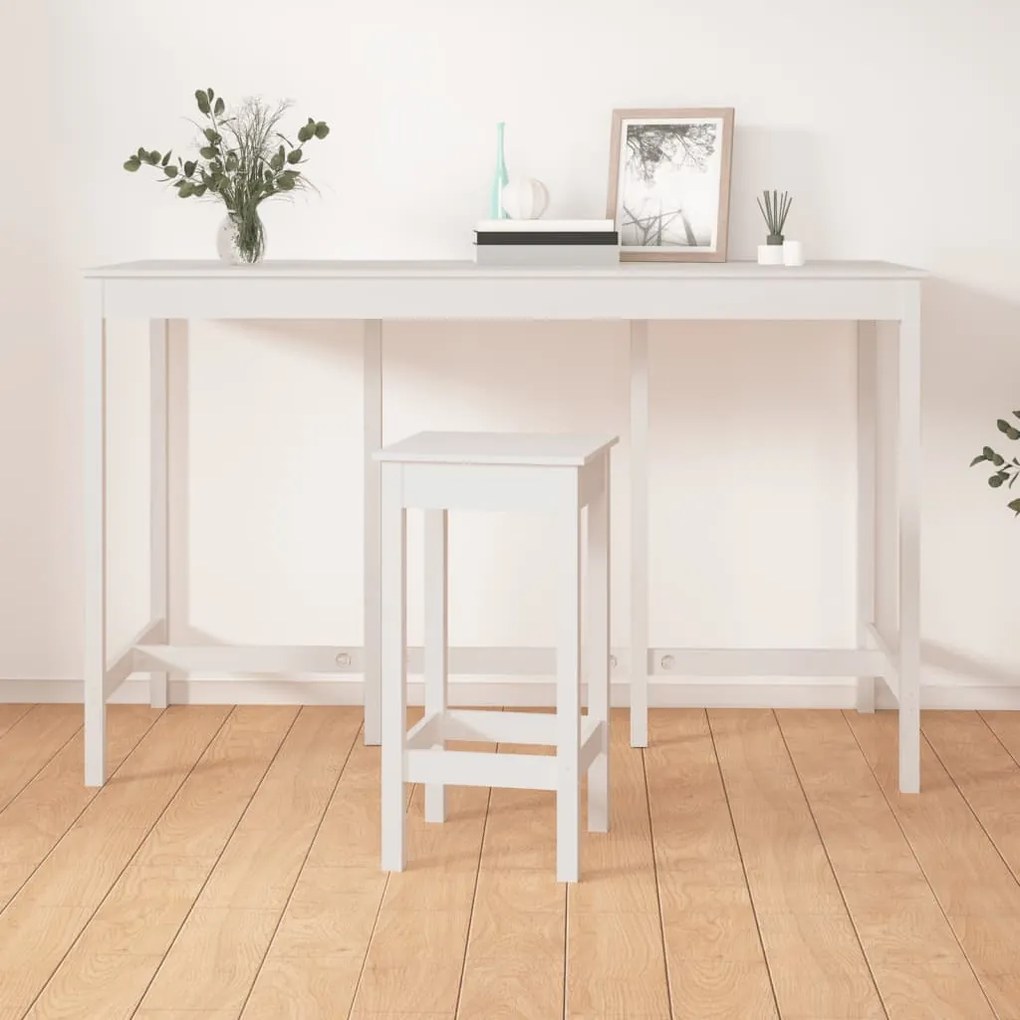 Tavolo Da Bar Bianco 180x80x110 Cm İn Legno Massello Di Pino /