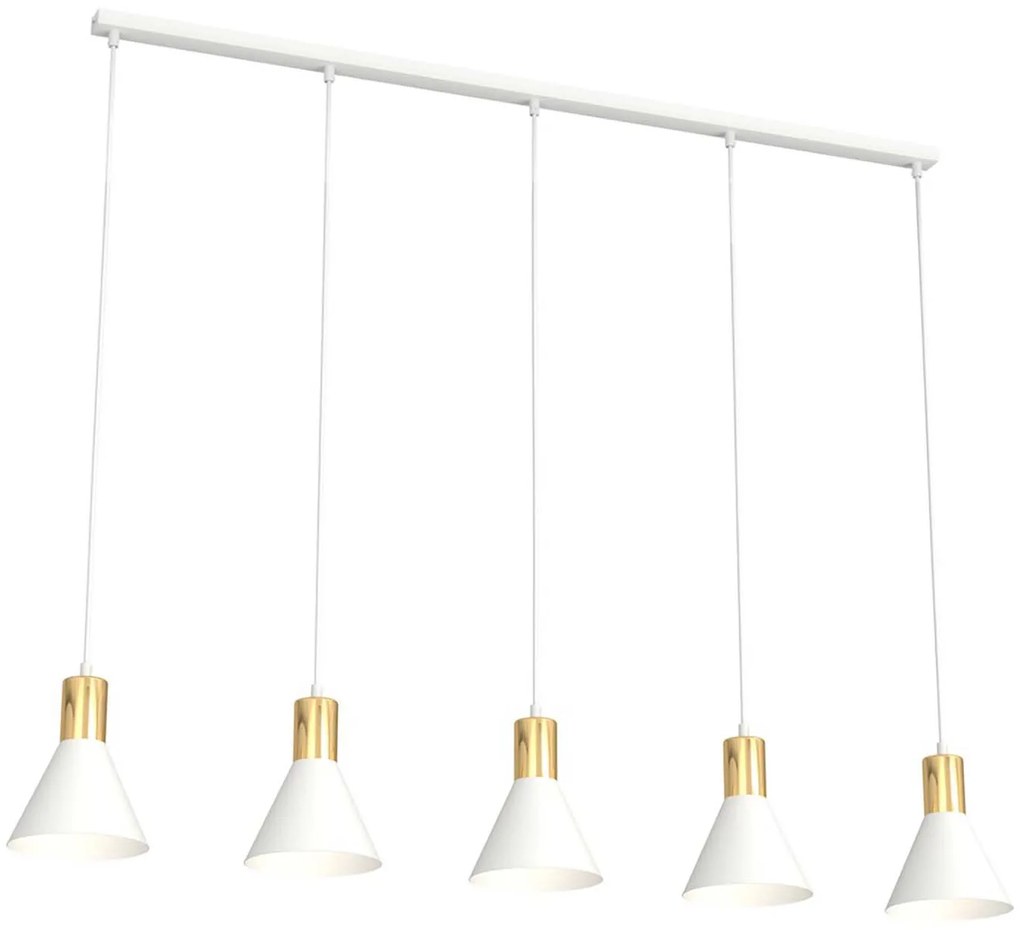 Lampadario 5 Luci Heimdall In Acciaio Bianco E Paralumi Conici Bianco E Oro