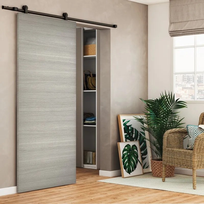 Porta scorrevole reversibile Cambridge in mdf rovere grigio, L 93 x H 212 cm, con binario Loft nero