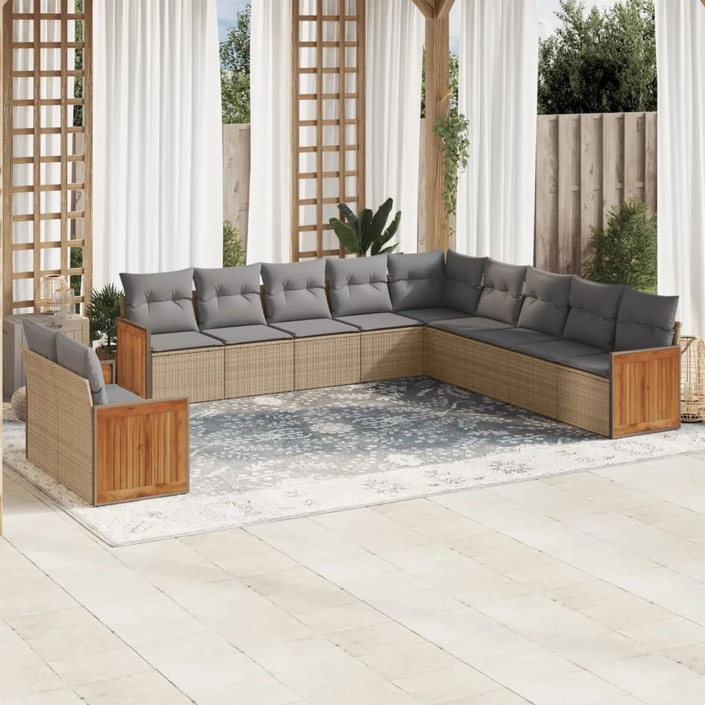 Set divani da giardino 11 pz con cuscini beige in polyrattan