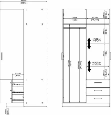 Armadio Guardaroba 2 Ante 3 Cassetti Con Barra Appendiabiti Bianco