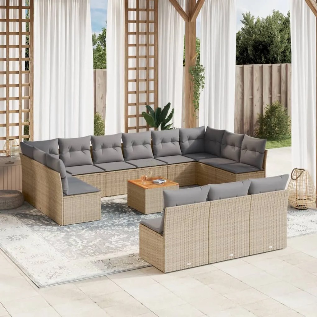 Set divano da giardino 14 pz con cuscini beige misto polyrattan