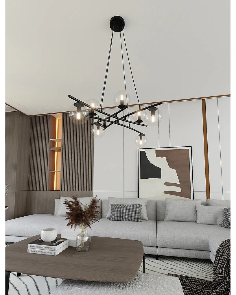 Lampadario Moderno Cadmo Acciaio Nero Trasparente 8 Luci E14 Ip20