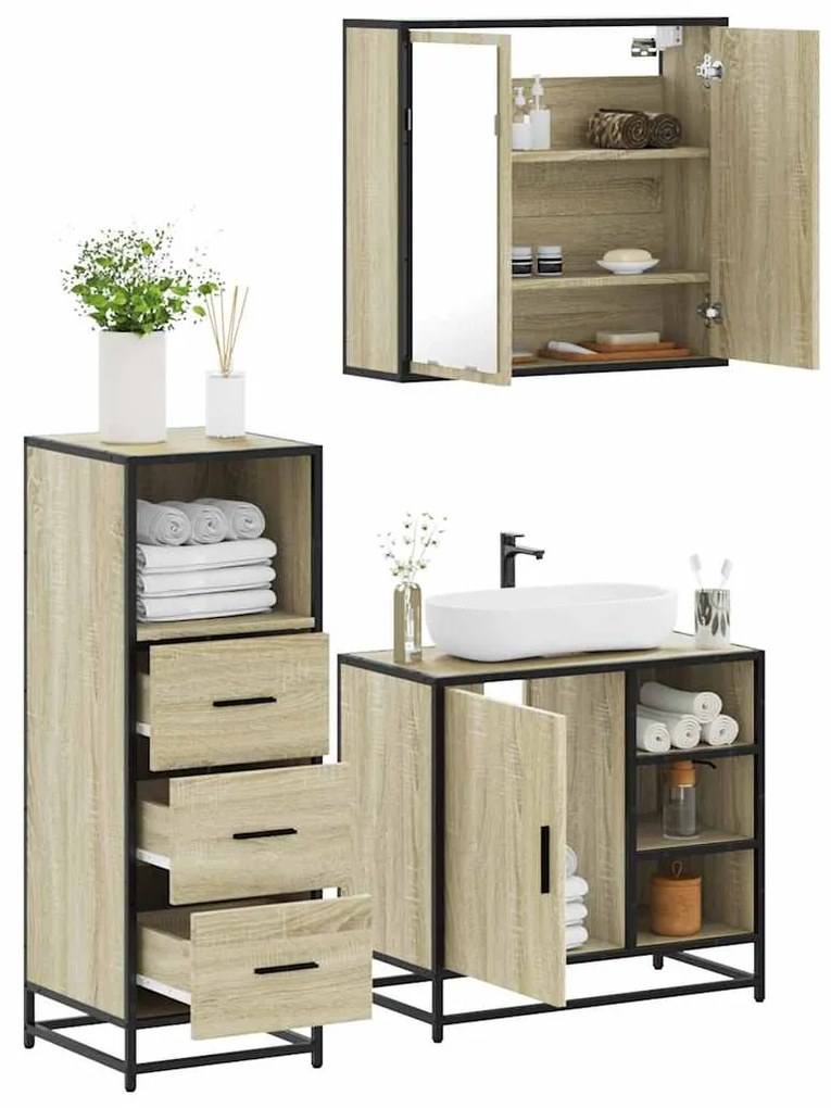Set Mobili Da Bagno 3 Pz Rovere Sonoma İn Legno Multistrato /