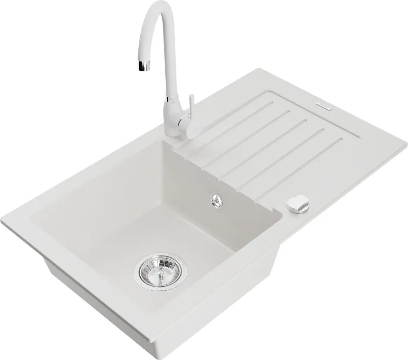 Mexen Pablo lavello in granito 1-vasca con scolapiatti e rubinetto da cucina Telma, bianco - 6510-20-670200-20