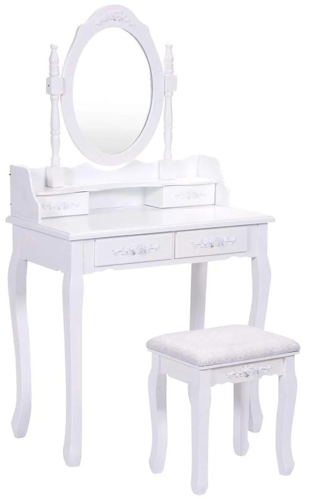 Costway Toeletta da trucco con sgabello e specchio Tavolino cosmetico con 4 cassetti in MDF Bianco