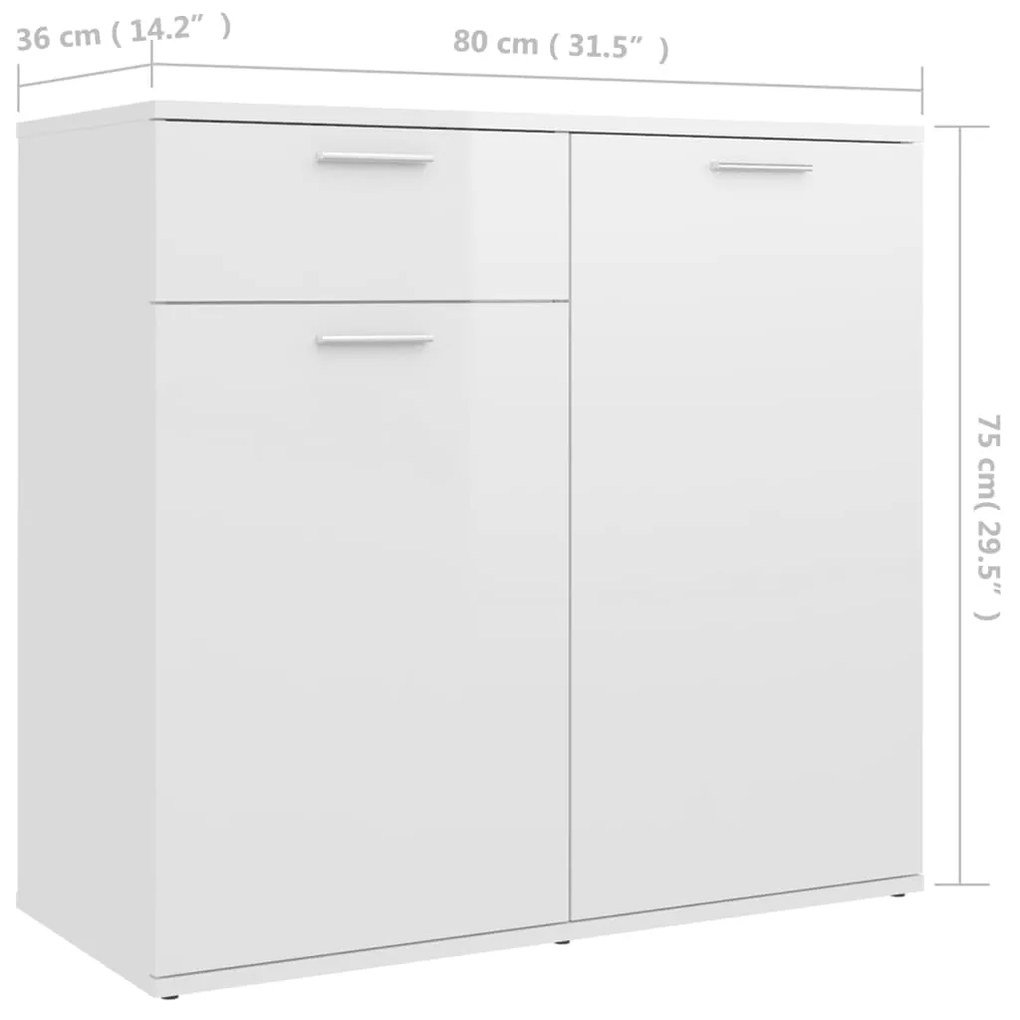 Credenza Bianco Lucido 80x36x75 cm in Legno Multistrato