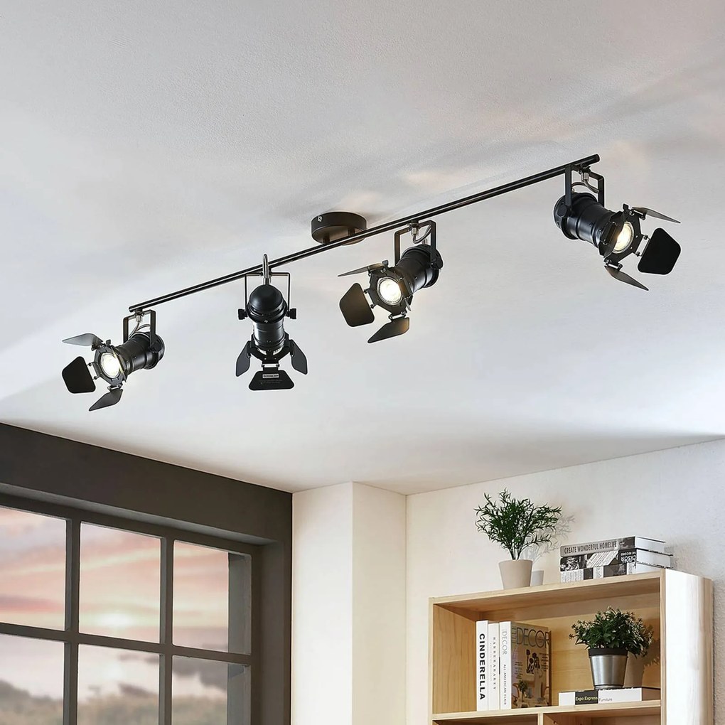 Lindby Faretto da soffitto Tilen, a 4 luci, nero, metallo, 125 cm