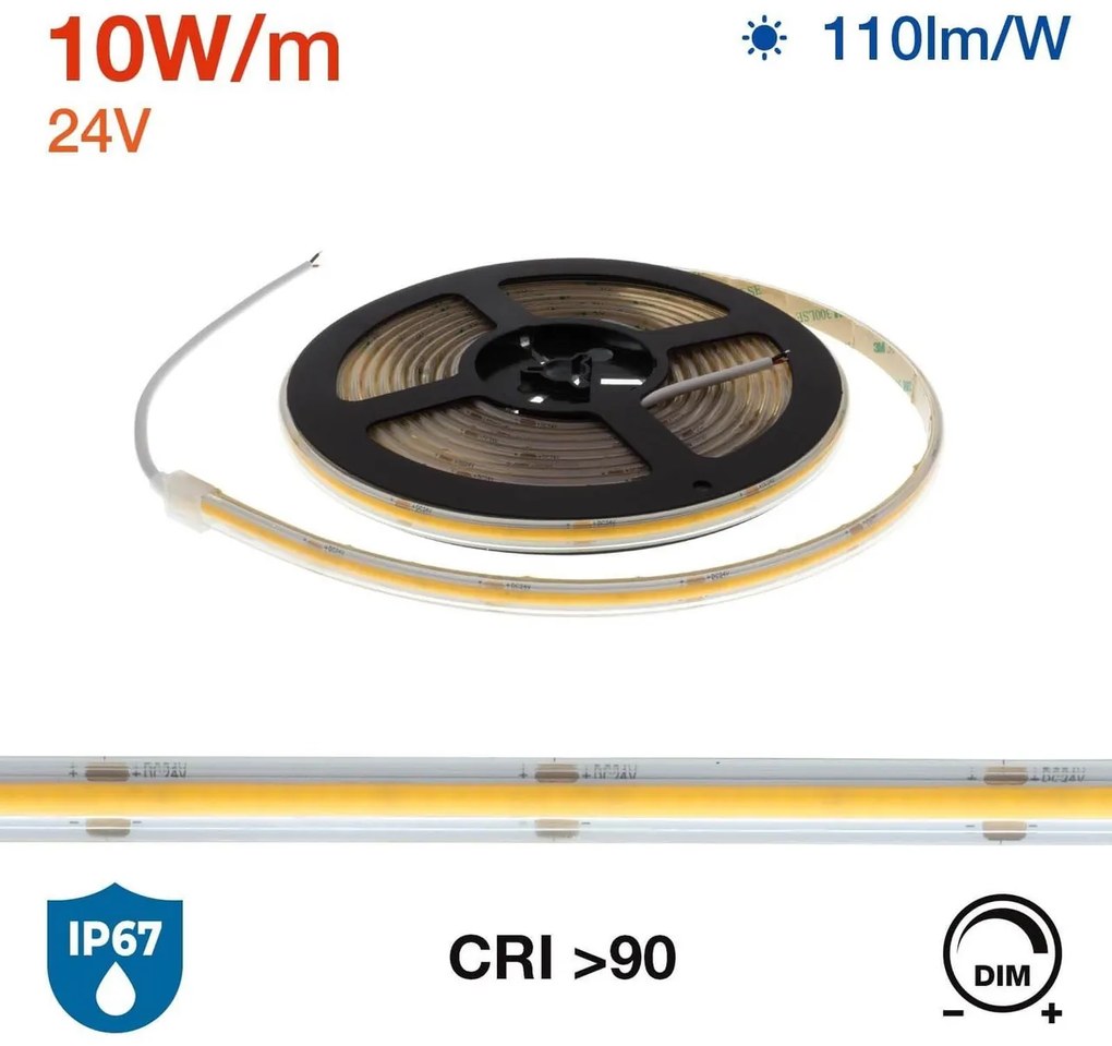Striscia LED COB 10W/m 24VDC IP67 5m Luce Continua Colore Bianco Caldo 2.700K