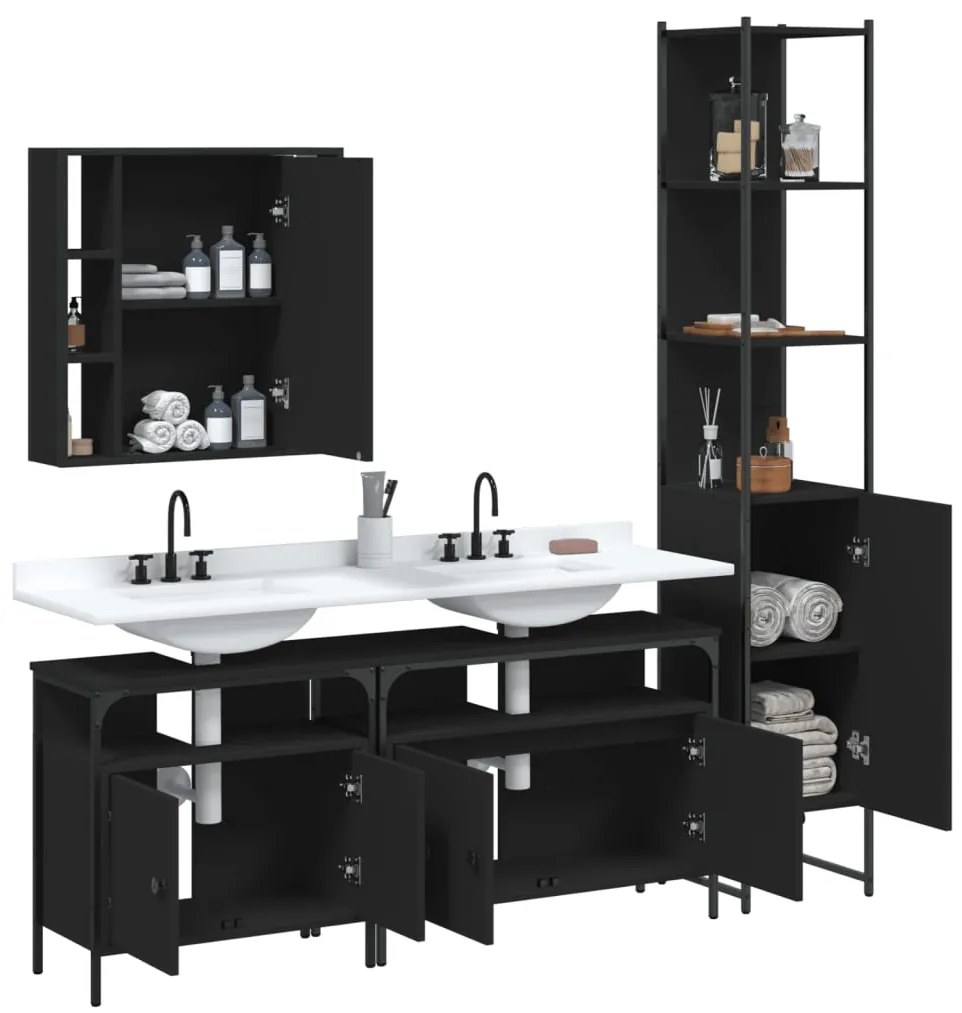 Set mobili da bagno 4 pz nero in legno multistrato