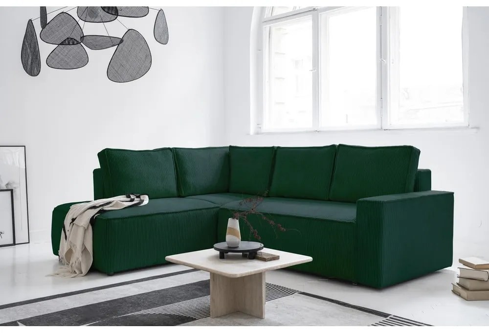 Divano letto angolare in velluto a coste verde scuro Brave Dave - Miuform