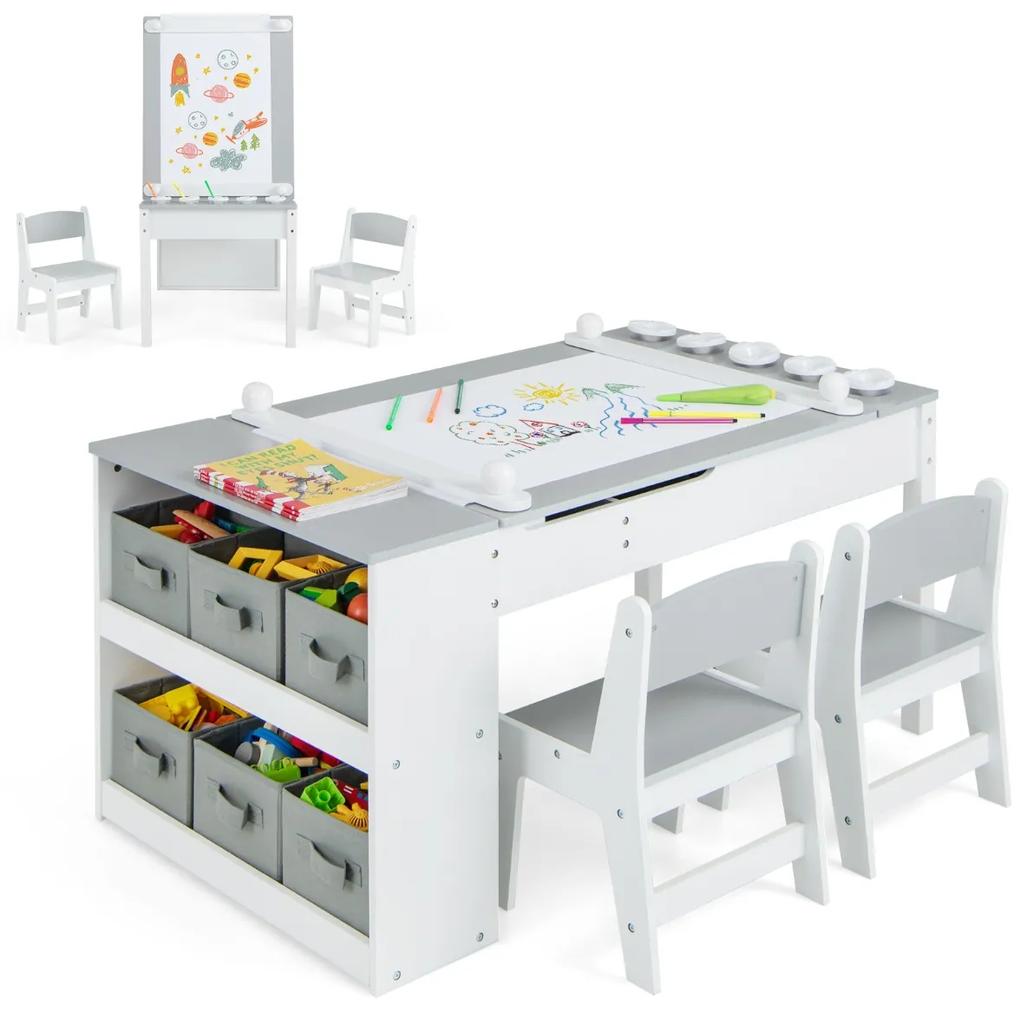Costway Set tavolo e sedia da disegno per bambini, Tavolo artistico con piano sollevabile 6 contenitori rullo di carta 3 Colori