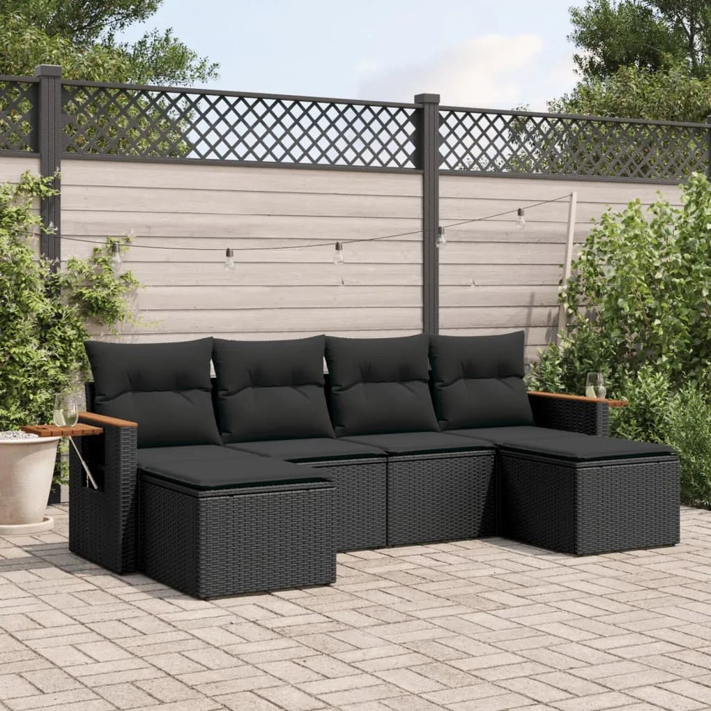 Set divano da giardino 6 pz con cuscini nero in polyrattan