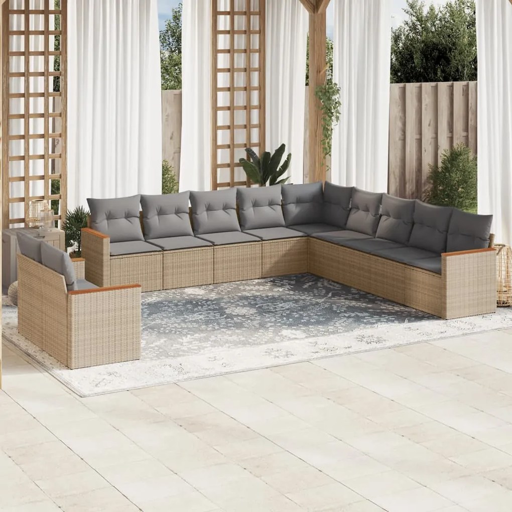 Set divani da giardino 11 pz con cuscini beige in polyrattan