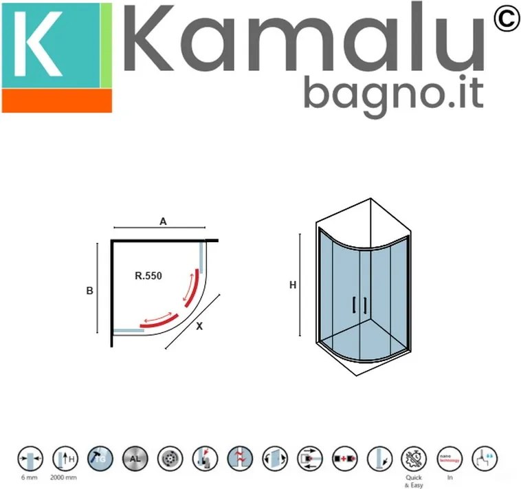 Box doccia 90x90 semicircolare altezza 200h finitura cromo | KZ2000 - KAMALU