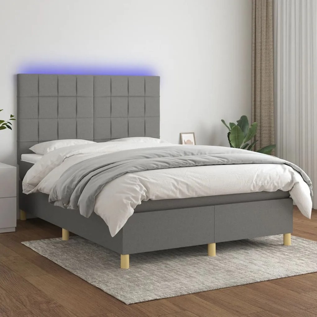 Letto a molle materasso e led grigio scuro 140x190cm in tessuto