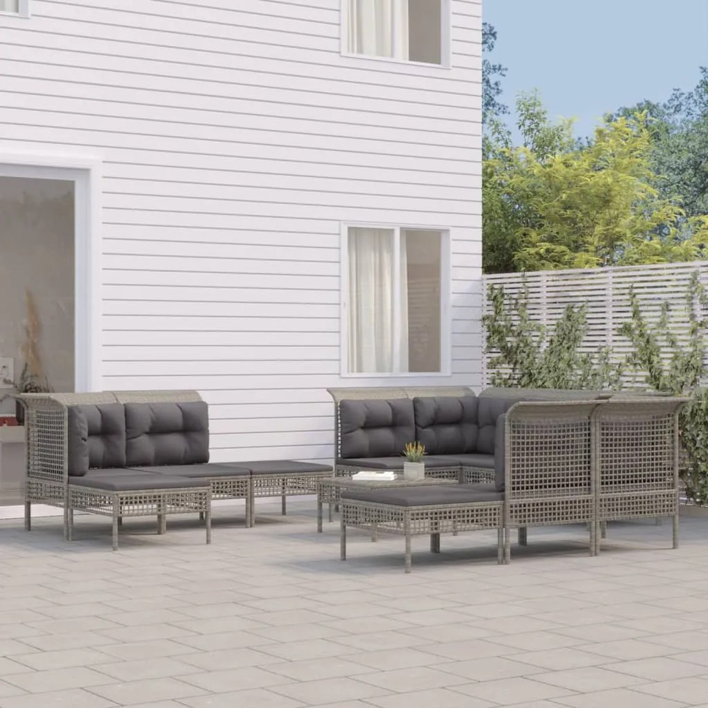 Set divani da giardino 11 pz con cuscini in polyrattan grigio